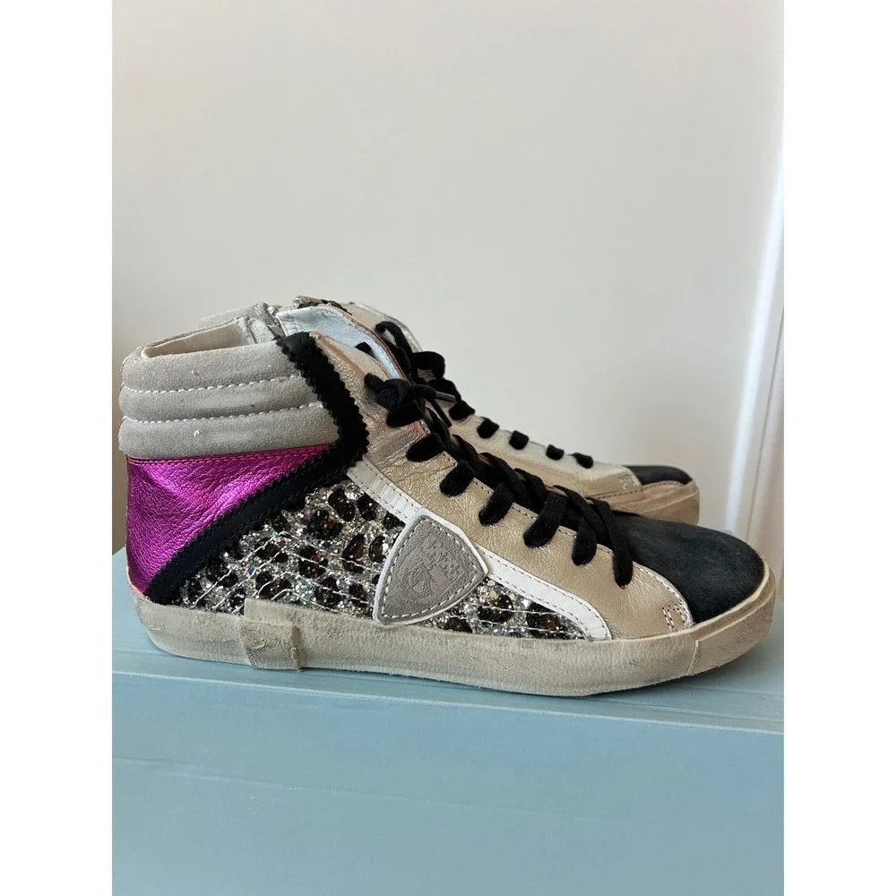 Philippe Model Paris PRSX High Woman Glitter Leo Metal‎ Argent Rose Sneakers 38